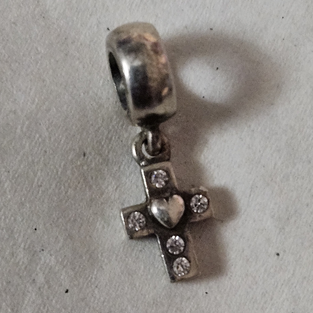 Pandora Silver Heart Cross Pendant Charm Bead Drop